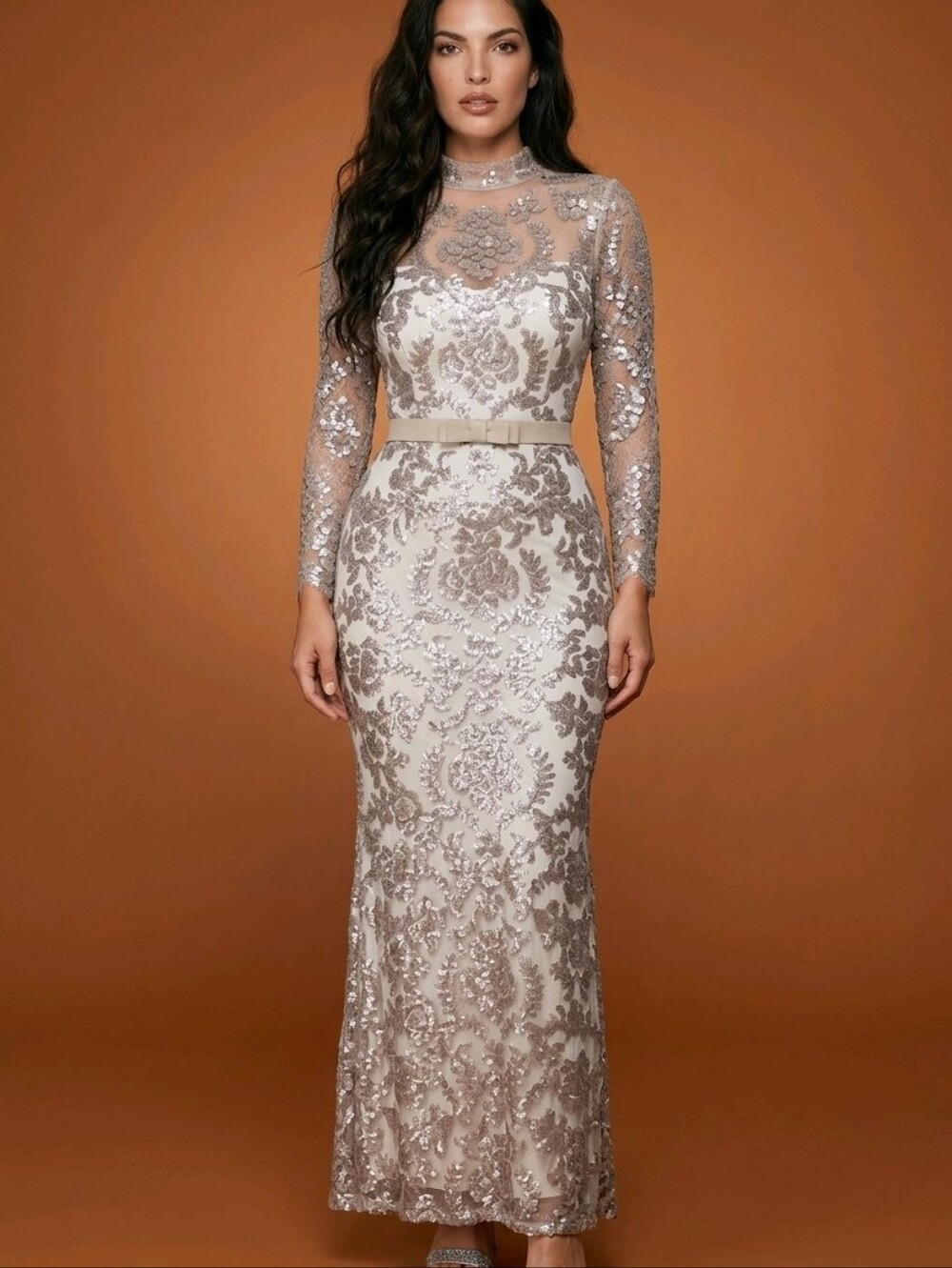 Tadashi Shoji Champagne Lace Long Sleeve Gown with Belt